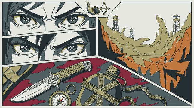 Illustration de style bande dessin&eacute;e montrant des yeux d&eacute;termin&eacute;s, un paysage d&eacute;sertique avec des tours de guet et du mat&eacute;riel de survie comme un couteau, une boussole et une gourde.