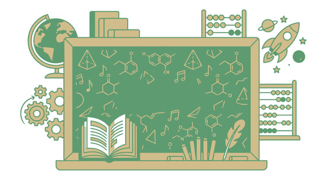 Illustration vectorielle d'un tableau noir scolaire avec des ic&ocirc;nes &eacute;ducatives comme un globe, des livres, une fus&eacute;e et un boulier pour le concept de rentr&eacute;e des classes