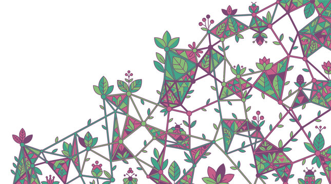 Motif floral abstrait avec un r&eacute;seau g&eacute;om&eacute;trique de triangles entrelac&eacute;s et des &eacute;l&eacute;ments botaniques stylis&eacute;s sur un fond blanc &eacute;pur&eacute; pour un design d&eacute;coratif moderne.