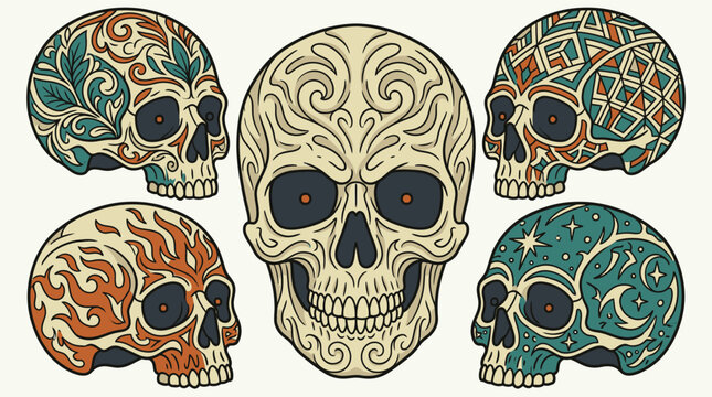 Conjunto de cinco cr&acirc;nios humanos decorados com padr&otilde;es art&iacute;sticos variados, incluindo motivos florais, geom&eacute;tricos, chamas e elementos celestiais em estilo de ilustra&ccedil;&atilde;o vetorial.