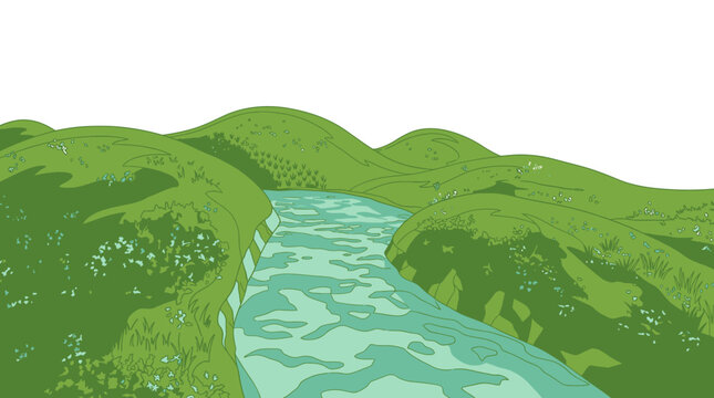 Illustration vectorielle d'un paysage naturel serein avec des collines verdoyantes et une rivi&egrave;re sinueuse coulant &agrave; travers une vall&eacute;e isol&eacute;e sur fond blanc