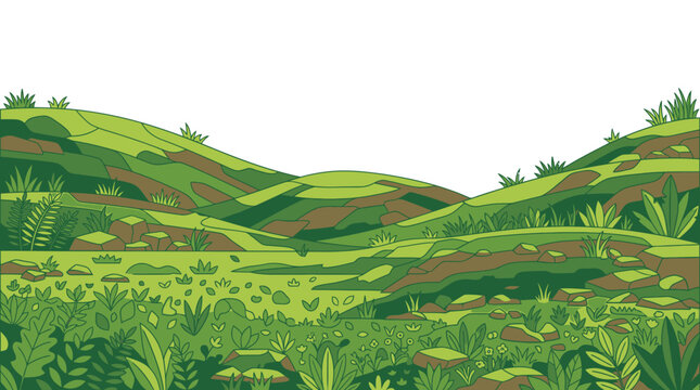 Ilustra&ccedil;&atilde;o vetorial de uma paisagem natural com colinas verdes, vegeta&ccedil;&atilde;o exuberante e terreno montanhoso, ideal para fundos de design, banners e projetos de natureza.