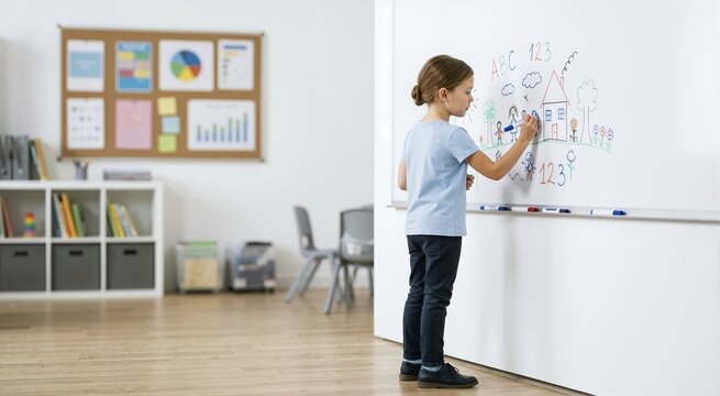 Young girl drawing a colorful picture on a whiteboard in a classroom. Elementary student writing letters and numbers during back to school preparation