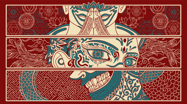 Illustration artistique de style traditionnel asiatique divis&eacute;e en trois panneaux horizontaux repr&eacute;sentant des visages stylis&eacute;s avec des motifs ornementaux complexes et des symboles spirituels sur un
