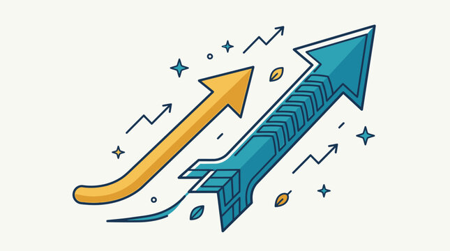 Ilustra&ccedil;&atilde;o vetorial de duas setas estilizadas em tons de azul e amarelo apontando para cima, representando progresso, crescimento e movimento ascendente em um design moderno.