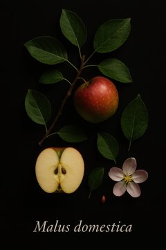 Botanical taxonomy layout illustrating the fruit blossom and seed of Malus domestica