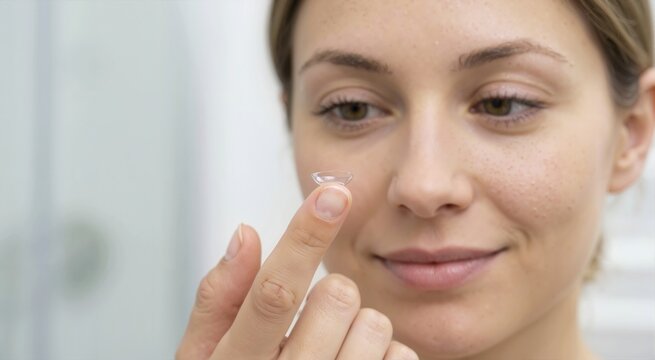 Young woman holding a clear contact lens on her fingertip. Close up of daily eye care and vision correction routine
