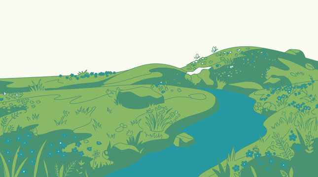 Ilustra&ccedil;&atilde;o vetorial plana de uma paisagem natural serena com colinas verdes onduladas, um rio sinuoso e vegeta&ccedil;&atilde;o exuberante, ideal para fundos de design e projetos ambientais.