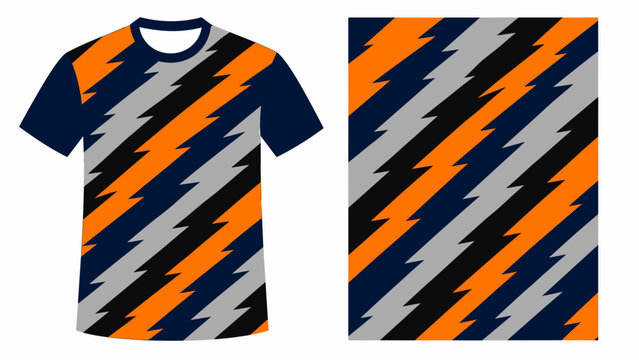 Two-piece apparel set featuring bold orange, blue, and gray zigzag geometric pattern on shirt and shorts.