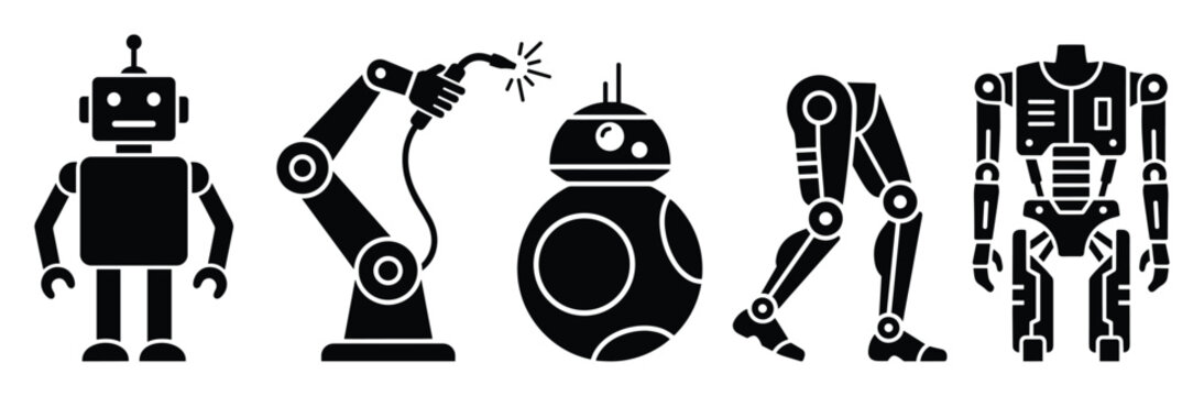 Set of robot icons depicting different robotic forms and industrial technology for automation design