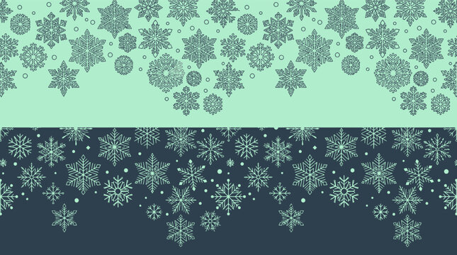 Padr&atilde;o sem emenda de flocos de neve decorativos com design de borda dupla em tons de verde menta e cinza escuro, ideal para fundos festivos de inverno e projetos de Natal.