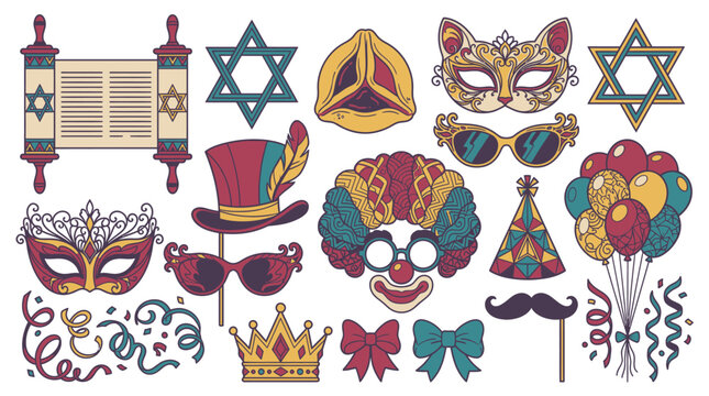 Conjunto de &iacute;cones vetoriais coloridos para a celebra&ccedil;&atilde;o do Purim judaico, incluindo m&aacute;scaras de carnaval, rolo da Tor&aacute;, hamantashen, estrela de Davi, bal&otilde;es e acess&oacute;rios festivos.