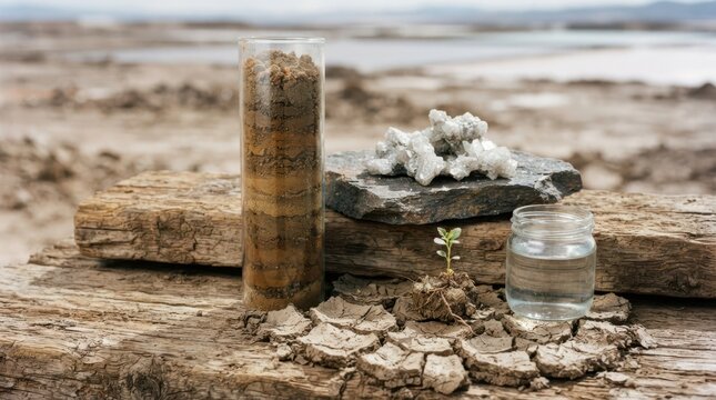 Clay core sample, lithium crystals, water jar, dry earth, and seedling show groundwater stress from lithium extraction.