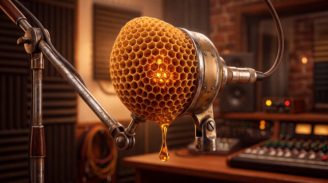 Vintage beehive microphone with honeycomb design in a music studio setting