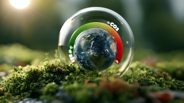 Globe sits inside a glass sphere showing climate change data.