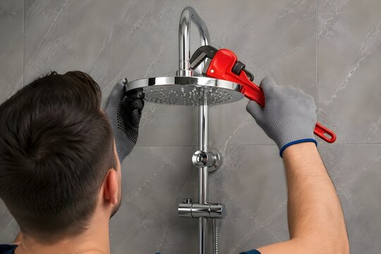 Shower Installation Repair Replacement Professional Plumber Working with Adjustable Wrench on Modern Chrome Rain Shower Head in Bathroom Commercial Stock Photo