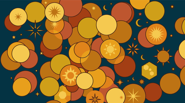 Fond abstrait dynamique avec des cercles superpos&eacute;s, des motifs de soleil stylis&eacute;s et des &eacute;l&eacute;ments g&eacute;om&eacute;triques dans des tons chauds orange et jaune sur un arri&egrave;re-plan bleu fonc&eacute;.