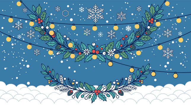 Ilustra&ccedil;&atilde;o festiva de Natal com guirlandas de azevinho, luzes de fada brilhantes e flocos de neve caindo sobre um fundo azul, perfeita para cart&otilde;es de felicita&ccedil;&otilde;es e designs sazonais.