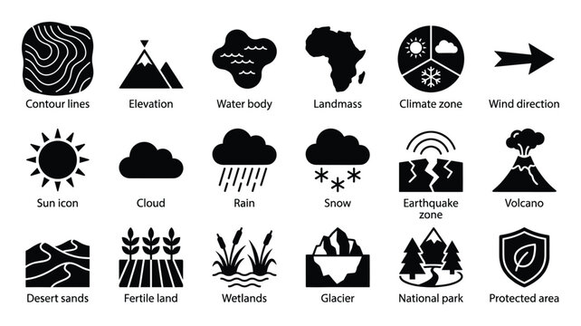 Set of geographic and weather icons for environmental studies and mapping projects