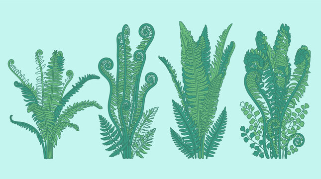 Ensemble de quatre illustrations botaniques de foug&egrave;res vertes stylis&eacute;es avec des frondes enroul&eacute;es et des feuilles d&eacute;taill&eacute;es sur un fond bleu clair pastel pour le design