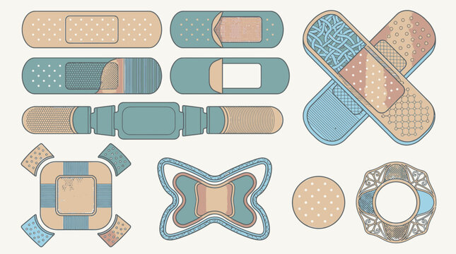 Ensemble d'illustrations vectorielles de pansements adh&eacute;sifs de diff&eacute;rentes formes et motifs d&eacute;coratifs pour les premiers secours et les soins m&eacute;dicaux sur fond clair