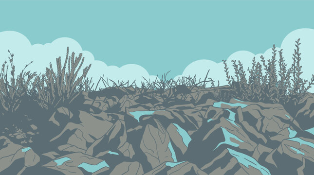 Illustration vectorielle d'un paysage rocheux stylis&eacute; avec des buissons sauvages sous un ciel bleu clair avec des nuages, id&eacute;al pour des arri&egrave;re-plans graphiques et des designs cr&eacute;atifs.