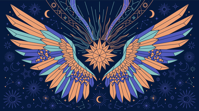 Illustration vectorielle mystique avec des ailes d&eacute;ploy&eacute;es, une &eacute;toile centrale rayonnante et des motifs c&eacute;lestes sur un fond bleu nuit profond pour un design &eacute;sot&eacute;rique.