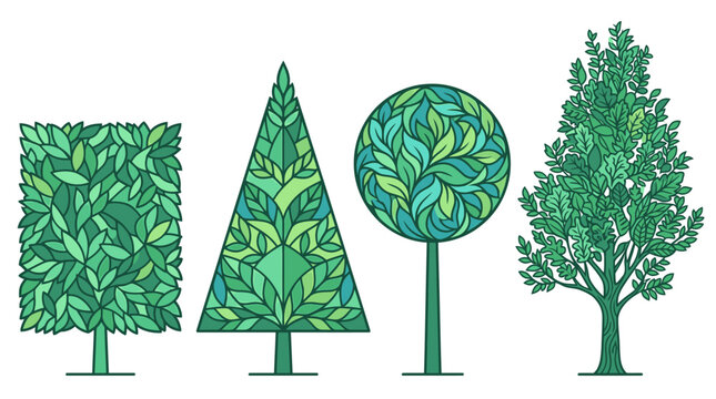 Quatre arbres stylis&eacute;s de diff&eacute;rentes formes g&eacute;om&eacute;triques et organiques, avec des feuilles vertes sur fond blanc.