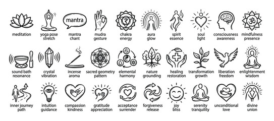 Fototapeta premium Set of spiritual wellness line icons for mindfulness, healing, and personal growth