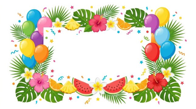 Tropical summer party invitation frame with balloons, flowers, and fruits isolated on white background