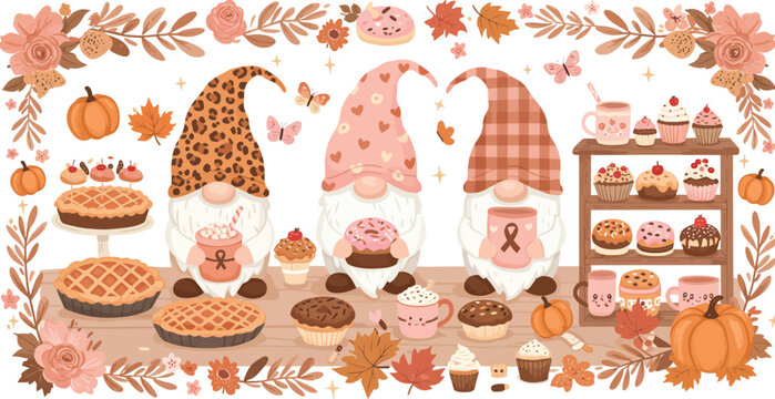 Three cute autumn gnomes with leopard and plaid hats surrounded by fall pumpkins pies and cupcakes on a white background