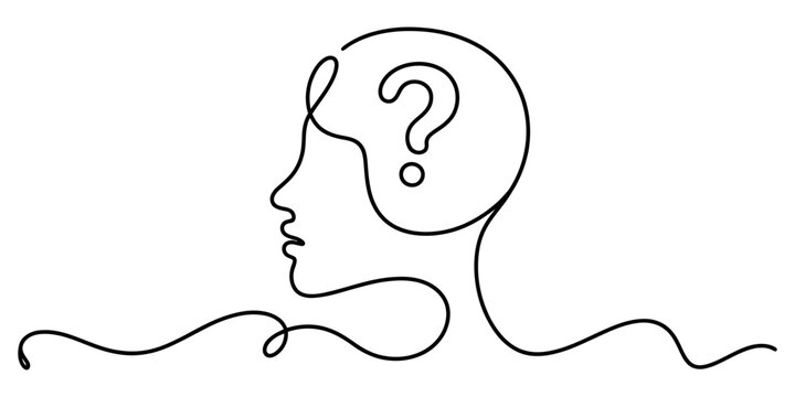 Continuous single line drawing of a human head profile with a question mark symbol representing confusion and deep thinking or curiosity Vector, illustration