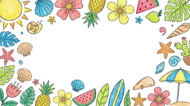 Summer themed hand drawn doodle border frame with tropical elements isolated on white background