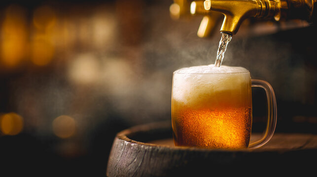 Fresh draft beer flowing from a tap into a frosty glass mug with rich creamy foam. Craft brewery, pub, Oktoberfest, hospitality and refreshing beverage with copy space. Octoberfest festival.