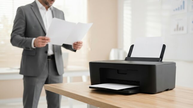 Professional businessman holding paper sheets near a printer on a desk in a modern office.