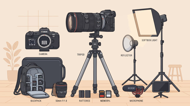 Photography Equipment Collection: Camera, Lenses, Tripod, Lights, Microphone, Accessories