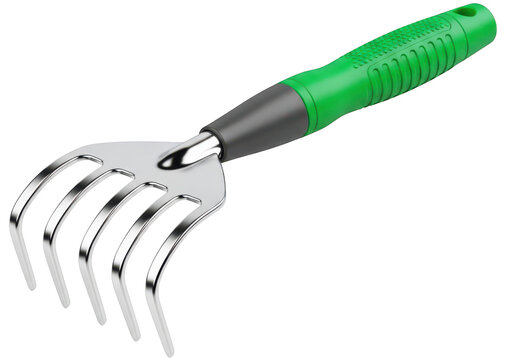Hand garden rake tool with green handle and shiny metal tines isolated on transparent background for gardening tasks.