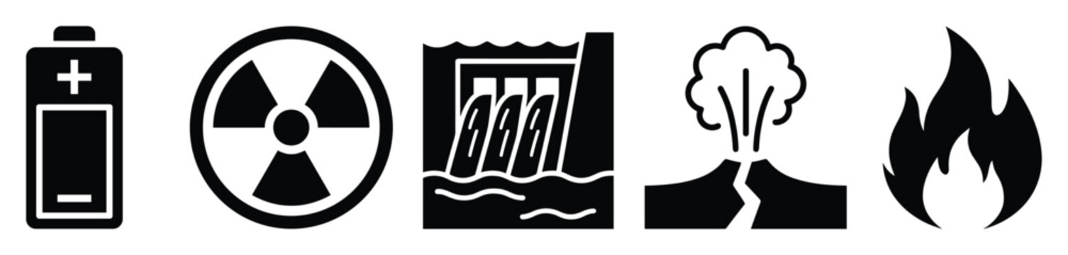 Set of power sources and danger icons including battery nuclear hydro volcano fire