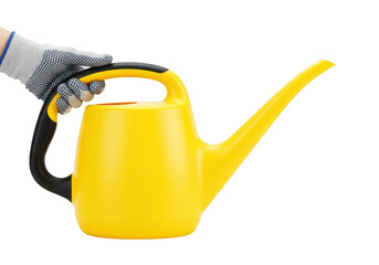 Yellow watering can with black handle held by gloved hand isolated on transparent background for gardening and plants. © Manju