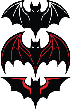 ​Black and red bat silhouettes set vector illustration, collection of spooky vampire bat wing emblems icon