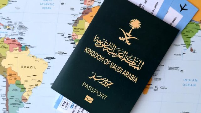 Saudi Arabia passport or id document with tickets for flight, travel, border crossing. Saudi Arabia passport and tickets as a background for your design