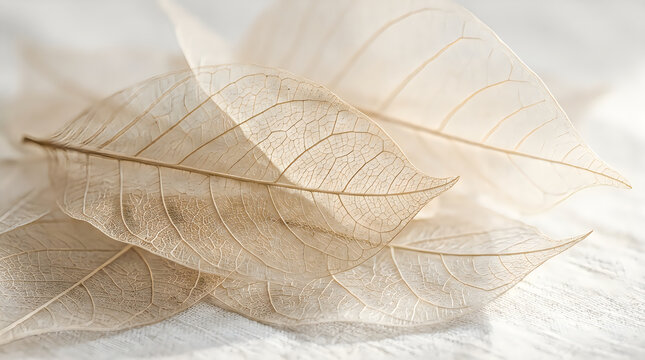 Group of delicate dried skeleton leaves with intricate veins texture, skeleton