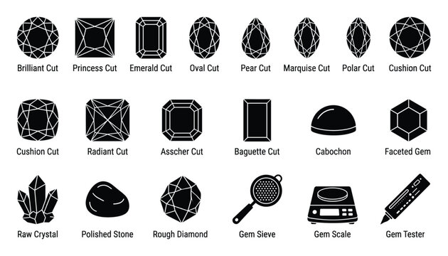 Set of gem cuts shapes and jewelry tools black glyph icons for gemology