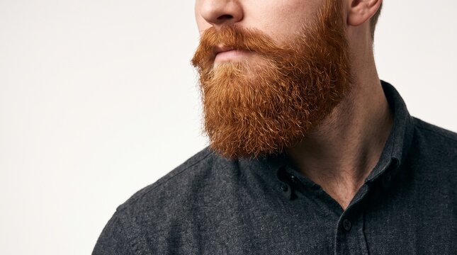 Man with thick red beard posing on white background. Close up portrait of stylish hipster for World Beard Day celebration. Masculine grooming lifestyle and barber shop concept.