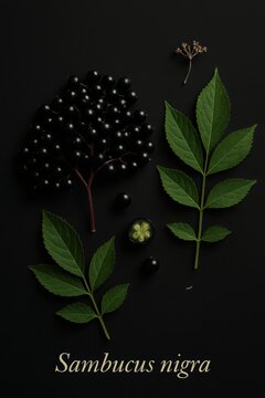 Moody elderberry illustration featuring drooping clusters against a dark backdrop