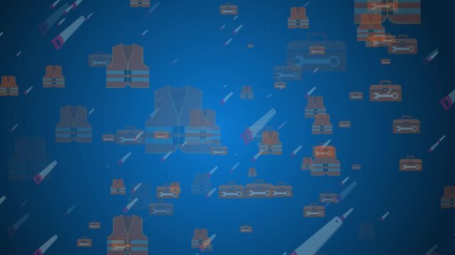 Abstract Motion Graphics Featuring Animated Construction Vests And Tool Icons Floating In A Dynamic Seamless Blue Background Loop For Safety Themes