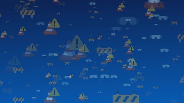Abstract Digital Motion Graphics Featuring Floating Caution Barrier Icons and Hazard Warning Triangles Against A Deep Gradient Blue Background Texture