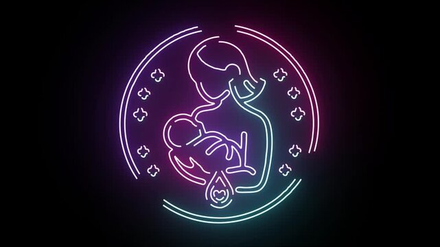 Neon Line Art Animation of a Mother Breastfeeding a Baby Inside a Glowing Circular Frame with Stars Against a Deep Dark Black Background Motion Graphi