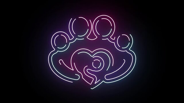 Neon family unity icon glowing with vibrant purple and cyan colors on a black background representing togetherness love and connection for humanity