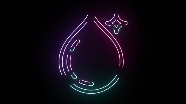Minimalist neon water drop icon glowing in vibrant blue and purple colors against a dark background for modern technology or liquid branding design